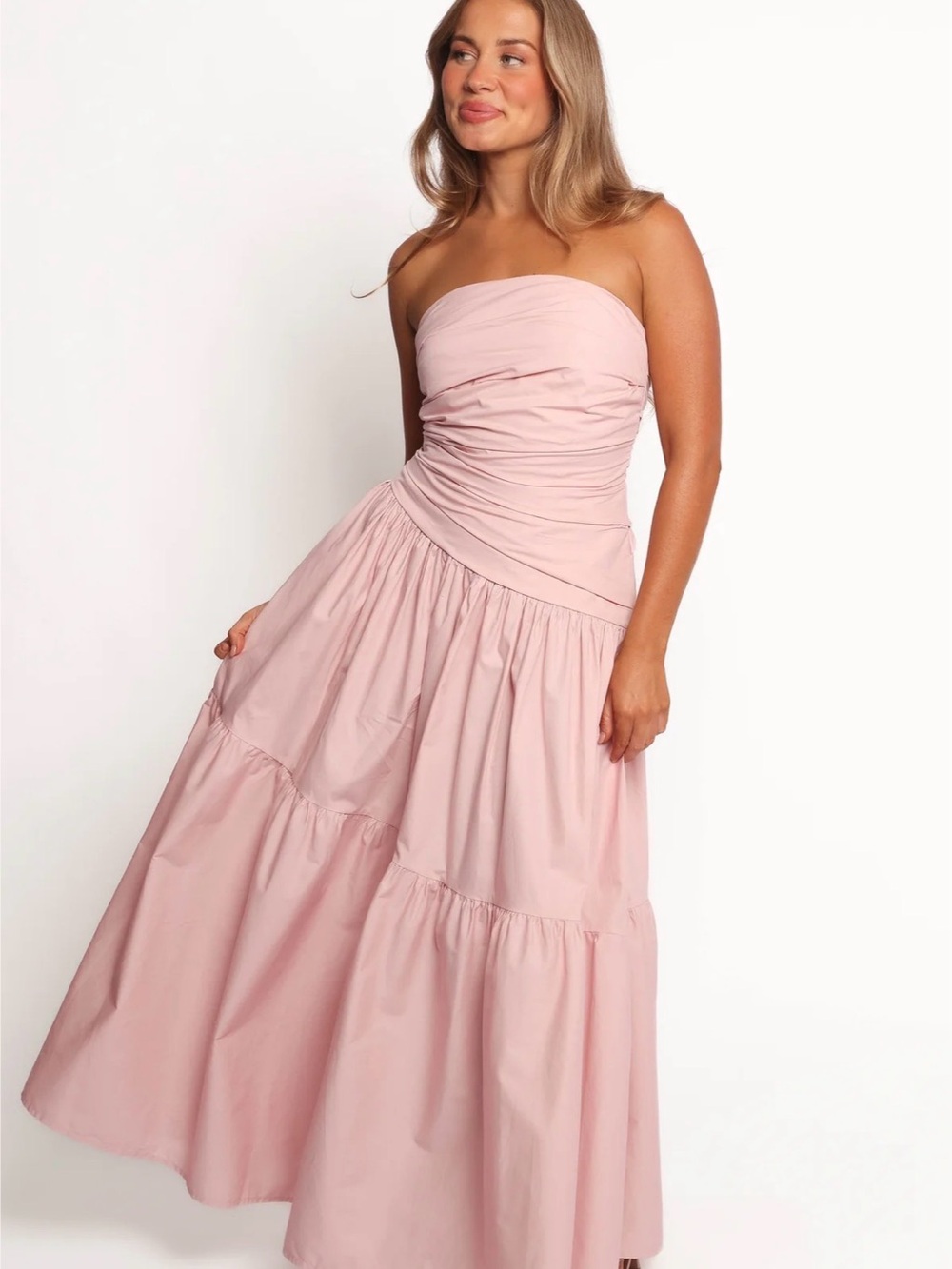 Petal & Pup Blanche Strapless Ruched Tiered Maxi Dress in Light Pink